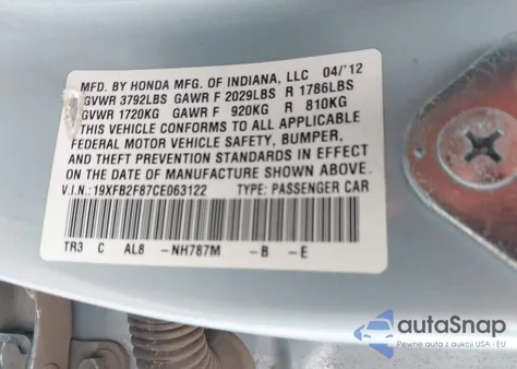 2012 Honda Civic Ex from USA, damaged, VIN 19XFB2F87CE063122